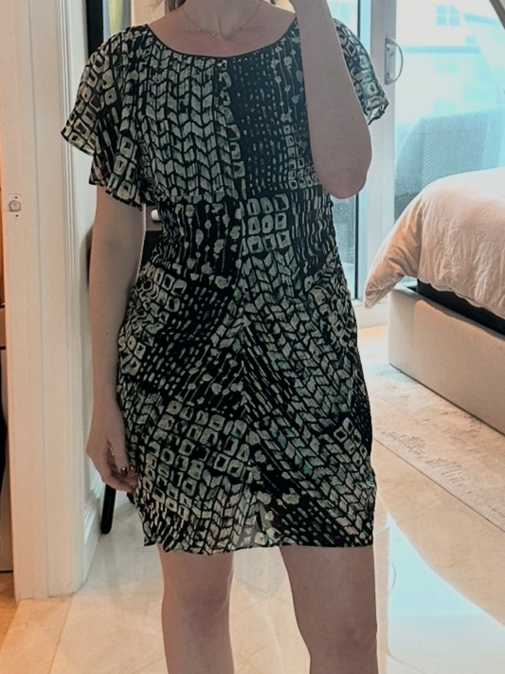 Andrew Marc Black and Mint Print Dress with Puff Sleeve Detail